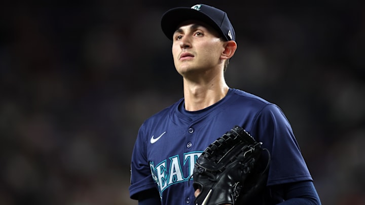 Seattle Mariners pitcher George Kirby walks off the field during a game against the Texas Rangers on Sept. 20 at Globe Life Field. Seattle Mariners pitcher George Kirby walks off the field during a game against the Texas Rangers on Sept. 20 at Globe Life Field.