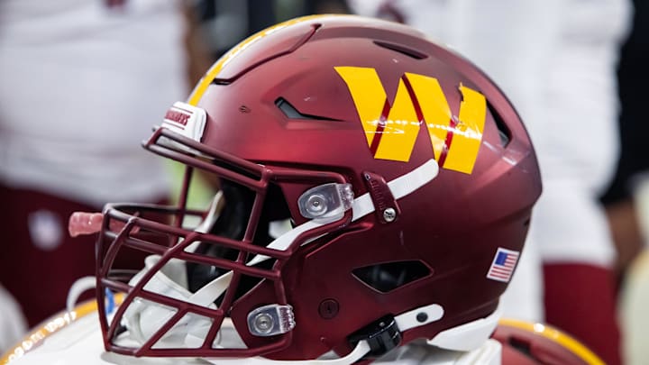 Sep 29, 2024; Glendale, Arizona, USA; Detailed view of a Washington Commanders helmet at State Farm Stadium. Mandatory Credit: Mark J. Rebilas-Imagn Images