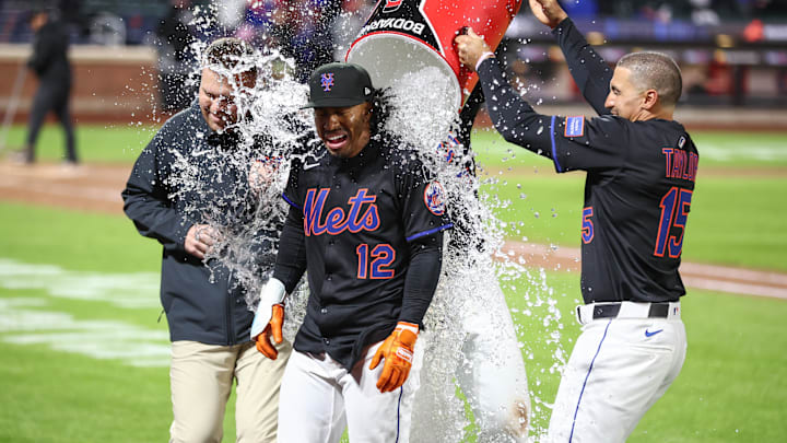 Apr 18, 2025; New York City, New York, USA; New York Mets shortstop Francisco Lindor (12) is doused with water after hitting a game-winning solo home run in the ninth inning against the St. Louis Cardinals at Citi Field. Mandatory Credit: Wendell Cruz-Imagn Images Apr 18, 2025; New York City, New York, USA; New York Mets shortstop Francisco Lindor (12) is doused with water after hitting a game-winning solo home run in the ninth inning against the St. Louis Cardinals at Citi Field. Mandatory Credit: Wendell Cruz-Imagn Images