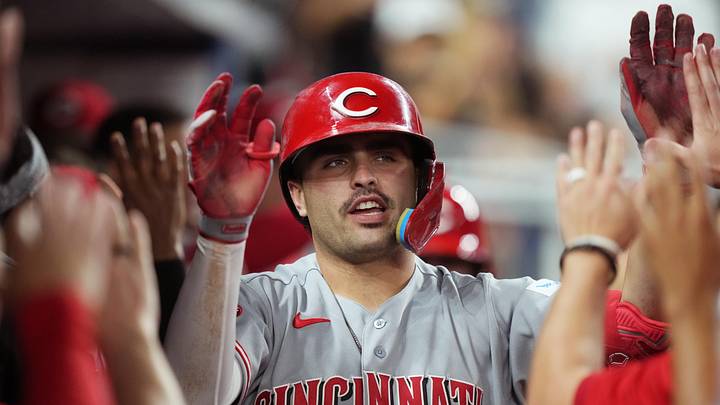 Apr 8, 2026; Miami, Florida, USA; Cincinnati Reds first baseman Sal Stewart (27) celebrates a two-run home run in the fifth inning against the Miami Marlins at loanDepot Park. Mandatory Credit: Jim Rassol-Imagn Images