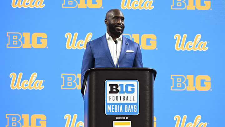 Jul 24, 2024; Indianapolis, IN, USA;  UCLA Bruins head coach DeShaun Foster speaks to the media during the Big 10 football media day at Lucas Oil Stadium. Mandatory Credit: Robert Goddin-USA TODAY Sports