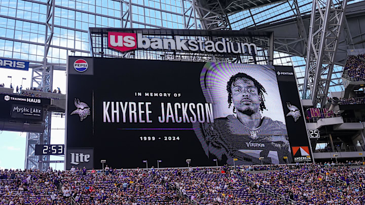 Aug 10, 2024; Minneapolis, Minnesota, USA; Minnesota Vikings have a moment of silence for Khyree Jackson before the game against the Las Vegas Raiders at U.S. Bank Stadium.