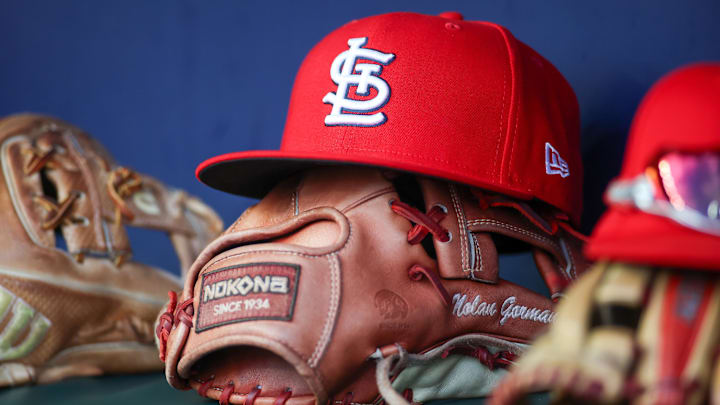 Sep 5, 2023; Atlanta, Georgia, USA; A detailed view of the hat and glove of St. Louis Cardinals second baseman Nolan Gorman (not pictured) before a game against the Atlanta Braves at Truist Park. Mandatory Credit: Brett Davis-Imagn Images Sep 5, 2023; Atlanta, Georgia, USA; A detailed view of the hat and glove of St. Louis Cardinals second baseman Nolan Gorman (not pictured) before a game against the Atlanta Braves at Truist Park. Mandatory Credit: Brett Davis-Imagn Images