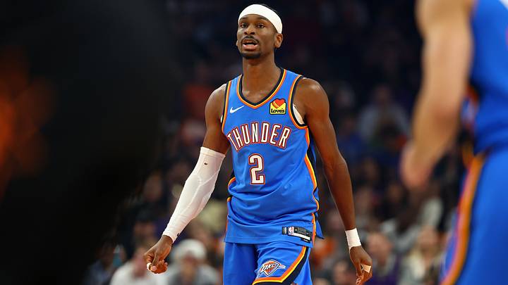 Apr 27, 2026; Phoenix, Arizona, USA; Oklahoma City Thunder guard Shai Gilgeous-Alexander (2) against the Phoenix Suns during game four of the first round of the 2026 NBA Playoffs at Mortgage Matchup Center. Mandatory Credit: Mark J. Rebilas-Imagn Images