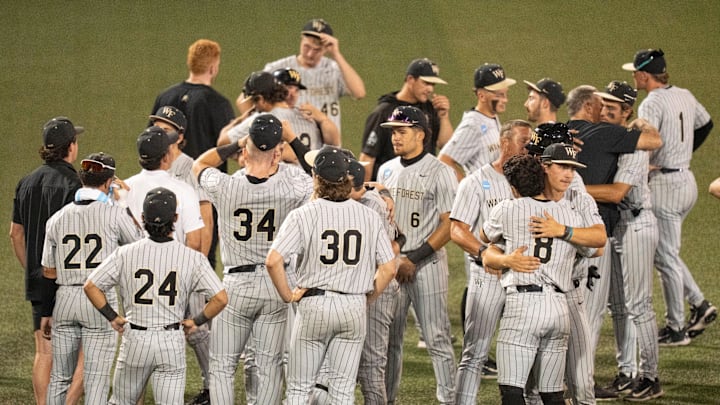 Wake Forest gather in the outfield after the loss to Tennessee in the NCAA college baseball Knoxville Regional final on June 2, 2025, in Knoxville, Tenn.