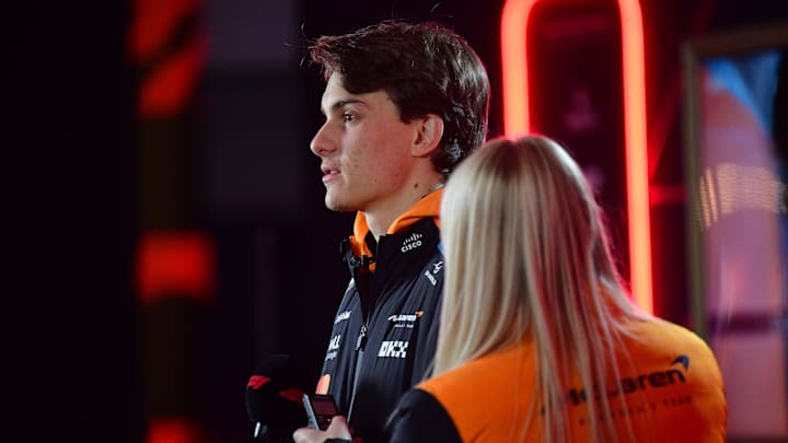 Nov 20, 2024; Las Vegas, Nevada, USA; McLaren Team driver Oscar Piastri (81) during media availalbilities at Las Vegas Circuit. Mandatory Credit: Gary A. Vasquez-Imagn Images