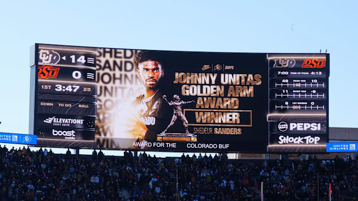 Nov 29, 2024; Boulder, Colorado, USA; Colorado Buffaloes quarterback Shedeur Sanders (2) is announced to win the Johnny Unitas Golden arm award during the game Oklahoma State Cowboys at Folsom Field. Mandatory Credit: Ron Chenoy-Imagn Images Nov 29, 2024; Boulder, Colorado, USA; Colorado Buffaloes quarterback Shedeur Sanders (2) is announced to win the Johnny Unitas Golden arm award during the game Oklahoma State Cowboys at Folsom Field. Mandatory Credit: Ron Chenoy-Imagn Images