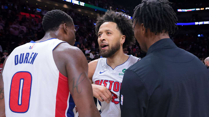 Mar 19, 2025; Miami, Florida, USA; Detroit Pistons guard Cade Cunningham (2) celebrates with center Jalen Duren (0): Sam Navarro-Imagn Images
