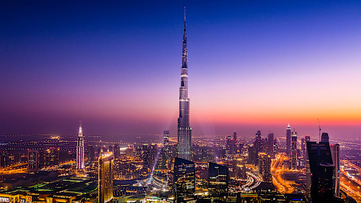 The Burj Khalifa takes center stage in this skyline view of Dubai.
