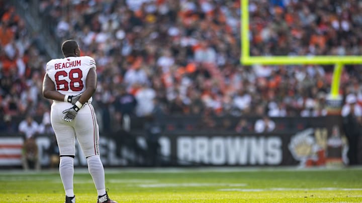 Nov 5, 2023; Cleveland, Ohio, USA; Arizona Cardinals offensive tackle Kelvin Beachum (68) watches the field during an injury timeout during the third quarter against the Cleveland Browns at Cleveland Browns Stadium. Mandatory Credit: Scott Galvin-Imagn Images