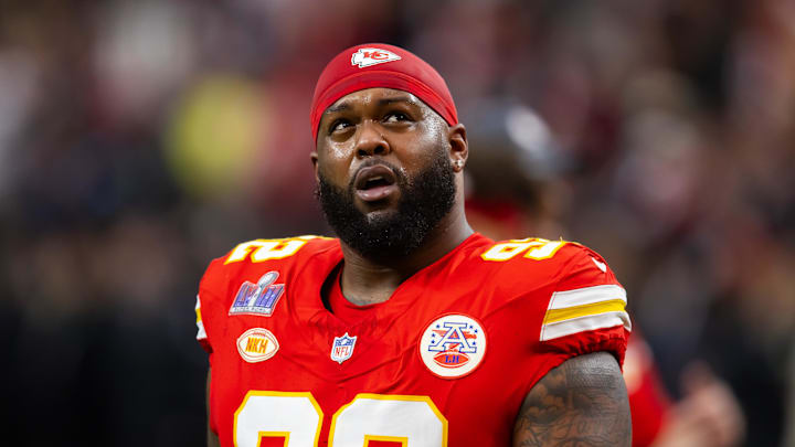 Feb 11, 2024; Paradise, Nevada, USA; Kansas City Chiefs defensive end Neil Farrell (92) against the San Francisco 49ers in Super Bowl LVIII at Allegiant Stadium. Mandatory Credit: Mark J. Rebilas-Imagn Images