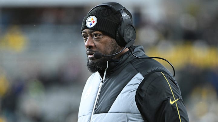 Jan 4, 2025; Pittsburgh, Pennsylvania, USA; Pittsburgh Steelers head coach Mike Tomlin looks on during the second quarter against the Cincinnati Bengals at Acrisure Stadium. Mandatory Credit: Barry Reeger-Imagn Images