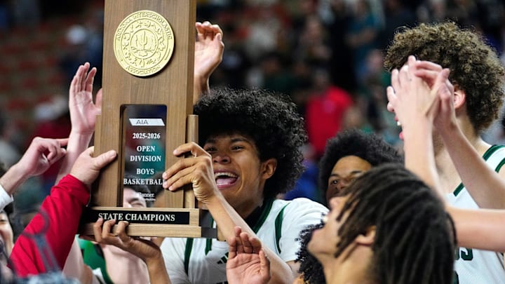 Sunnyslope celebrates winning the Open Boys Championship game against St. Mary’s at Arizona Veterans Memorial Coliseum in Phoenix on March 7, 2026.
