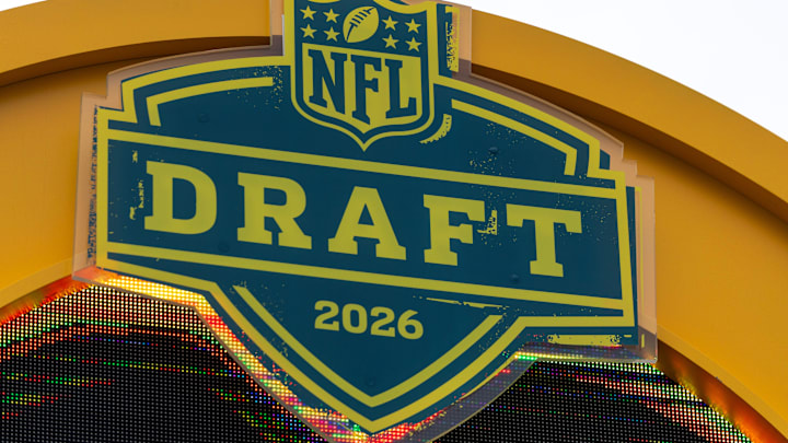 January 7, 2026; The 2026 NFL Draft logo is displayed atop the NFL Draft countdown clock. January 7, 2026; The 2026 NFL Draft logo is displayed atop the NFL Draft countdown clock.
