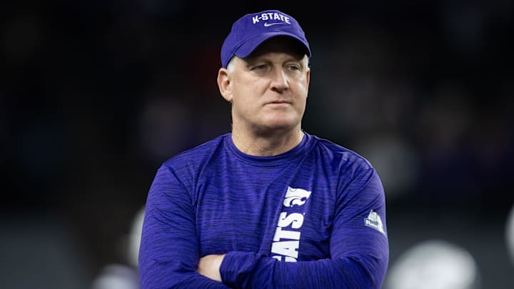Dec 26, 2024; Phoenix, AZ, USA; Kansas State Wildcats head coach Chris Klieman prior to the game against the Rutgers Scarlet Knights during the Rate Bowl at Chase Field. Mandatory Credit: Mark J. Rebilas-Imagn Images