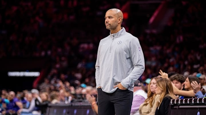 Mar 8, 2025; Charlotte, North Carolina, USA; Brooklyn Nets head coach Jordi Fernandez looks on during the third quarter against the Charlotte Hornets at Spectrum Center. Mandatory Credit: Scott Kinser-Imagn Images