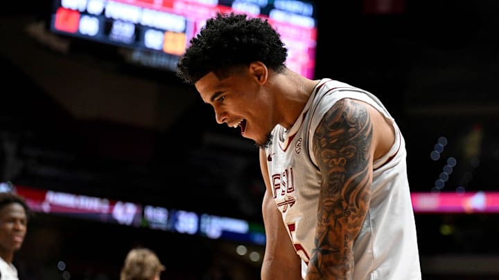 Jan 28, 2026; Tallahassee, Florida, USA; Florida State Seminoles guard Kobe MaGee (5) reacts during the second half against the California Golden Bears at Donald L. Tucker Center. Mandatory Credit: Melina Myers-Imagn Images