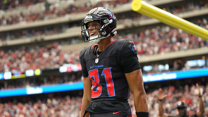 Oct 26, 2025; Houston, Texas, USA; Houston Texans wide receiver Jayden Higgins (81) reacts after catching a pass for a touchdown during the second quarter against the San Francisco 49ers at NRG Stadium. Oct 26, 2025; Houston, Texas, USA; Houston Texans wide receiver Jayden Higgins (81) reacts after catching a pass for a touchdown during the second quarter against the San Francisco 49ers at NRG Stadium.