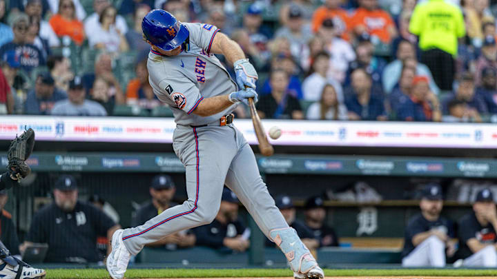 Sep 2, 2025; Detroit, Michigan, USA; New York Mets first base Pete Alonso (20) hits a solo home run in the first inning off of Detroit Tigers starting pitcher Sawyer Gibson-Long (66) at Comerica Park. Mandatory Credit: David Reginek-Imagn Images