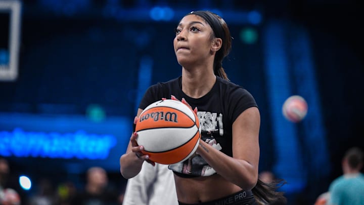 Aug 21, 2025; Brooklyn, New York, USA; Chicago Sky forward Angel Reese (5) warms up before a game against the New York Liberty at Barclays Center. Mandatory Credit: John Jones-Imagn Images