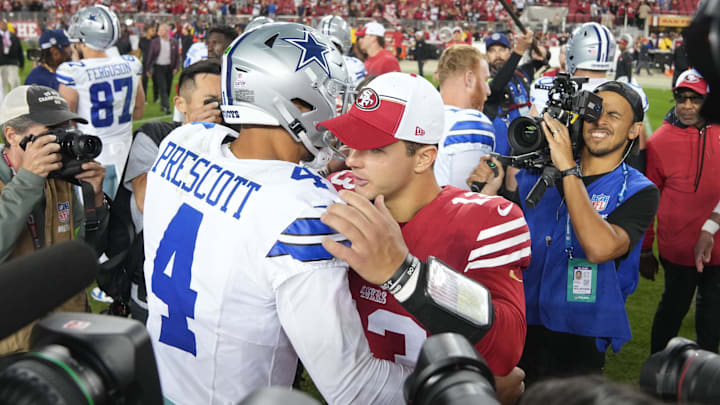 Dallas Cowboys quarterback Dak Prescott and San Francisco 49ers quarterback Brock Purdy embrace after the game at Levi's Stadium. Dallas Cowboys quarterback Dak Prescott and San Francisco 49ers quarterback Brock Purdy embrace after the game at Levi's Stadium.