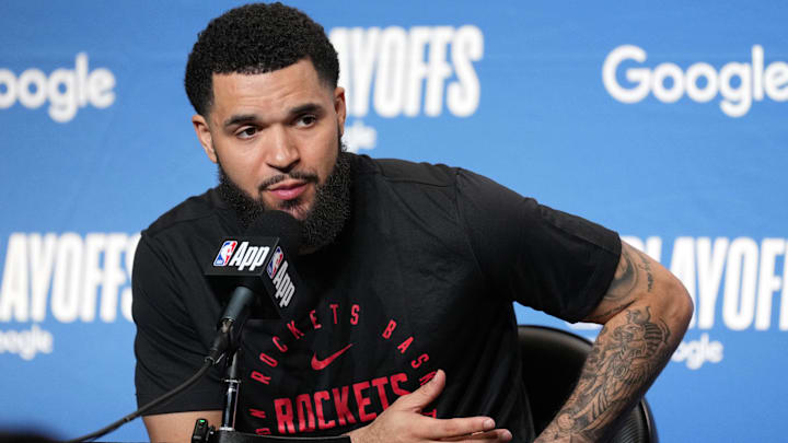 Apr 26, 2025; San Francisco, California, USA; Houston Rockets guard Fred VanVleet talks to media members after game three of first round for the 2024 NBA Playoffs at Chase Center. Mandatory Credit: Darren Yamashita-Imagn Images