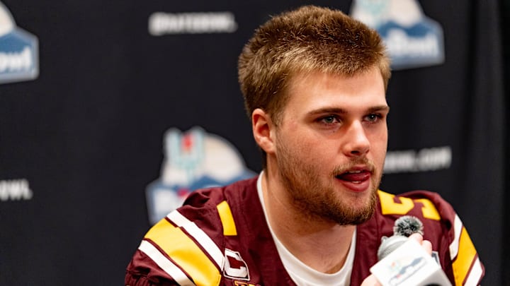 Minnesota Goloden Gophers Drake Lindsey speaks to members of the press during a Rate Bowl media day at JW Marriott Camelback Inn in Scottsdale on Dec. 24, 2025.