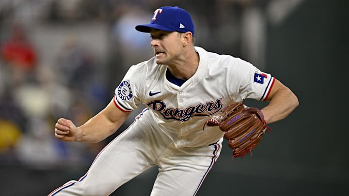 Aug 21, 2024; Arlington, Texas, USA; Texas Rangers relief pitcher David Robertson (37) pitches against the Pittsburgh Pirates during the eighth inning at Globe Life Field. Mandatory Credit: Jerome Miron-Imagn Images