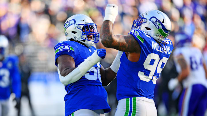 Nov 30, 2025; Seattle, Washington, USA; Seattle Seahawks defensive end Leonard Williams (99) celebrates after a sack against Minnesota Vikings quarterback Max Brosmer (12) during the first half at Lumen Field. Mandatory Credit: Steven Bisig-Imagn Images Nov 30, 2025; Seattle, Washington, USA; Seattle Seahawks defensive end Leonard Williams (99) celebrates after a sack against Minnesota Vikings quarterback Max Brosmer (12) during the first half at Lumen Field. Mandatory Credit: Steven Bisig-Imagn Images