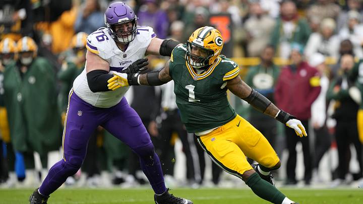 Nov 23, 2025; Green Bay, Wisconsin, USA; Green Bay Packers defensive end Micah Parsons (1) gets by Minnesota Vikings guard Will Fries (76) during the first half at Lambeau Field. Nov 23, 2025; Green Bay, Wisconsin, USA; Green Bay Packers defensive end Micah Parsons (1) gets by Minnesota Vikings guard Will Fries (76) during the first half at Lambeau Field.