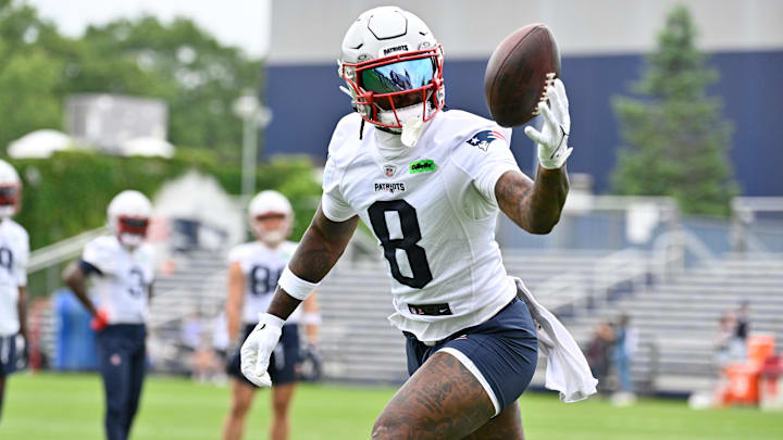 Jun 9, 2025; Foxborough, MA, USA; New England Patriots wide receiver Stefon Diggs (8) tries to catch the ball during minicamp at Gillette Stadium. Mandatory Credit: Eric Canha-Imagn Images