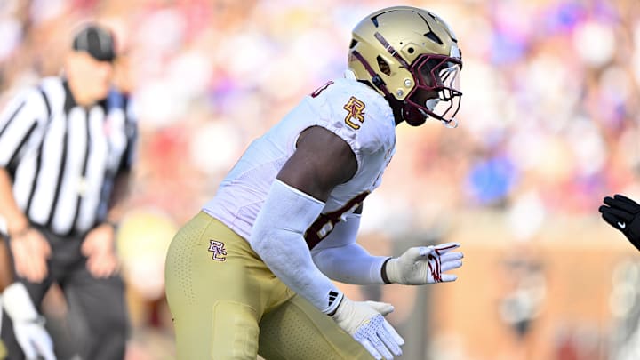 Boston College Eagles defensive end Donovan Ezeiruaku in action during the game between the SMU Mustangs and the Boston College Eagles.