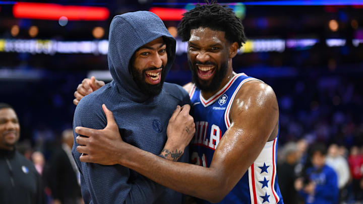 Feb 4, 2025; Philadelphia, Pennsylvania, USA; Dallas Mavericks forward Anthony Davis (3) reacts with Philadelphia 76ers center Joel Embiid (21) after the game at Wells Fargo Center. Mandatory Credit: Kyle Ross-Imagn Images Feb 4, 2025; Philadelphia, Pennsylvania, USA; Dallas Mavericks forward Anthony Davis (3) reacts with Philadelphia 76ers center Joel Embiid (21) after the game at Wells Fargo Center. Mandatory Credit: Kyle Ross-Imagn Images
