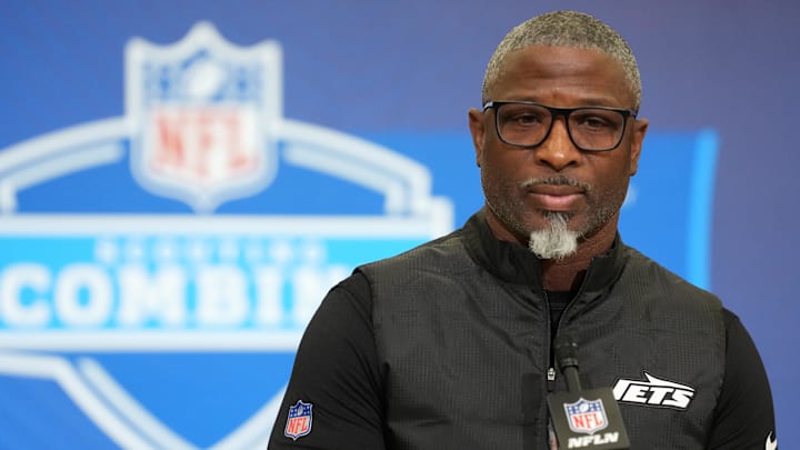 New York Jets coach Aaron Glenn speaks at the NFL Scouting Combine at the Indiana Convention Center.