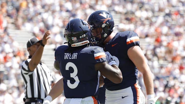 Sep 13, 2025; Charlottesville, Virginia, USA; Virginia Cavaliers running back J'Mari Taylor (3) celebrates with teammates after scoring a during the first half against the William & Mary Tribe at Scott Stadium. Mandatory Credit: Amber Searls-Imagn Images Sep 13, 2025; Charlottesville, Virginia, USA; Virginia Cavaliers running back J'Mari Taylor (3) celebrates with teammates after scoring a during the first half against the William & Mary Tribe at Scott Stadium. Mandatory Credit: Amber Searls-Imagn Images