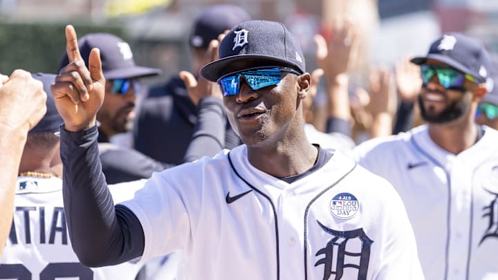 Jun 2, 2022; Detroit, Michigan, USA; Detroit Tigers right fielder Daz Cameron (41) celebrates with teammates after the game against the Minnesota Twins at Comerica Park. Mandatory Credit: Raj Mehta-USA TODAY Sports