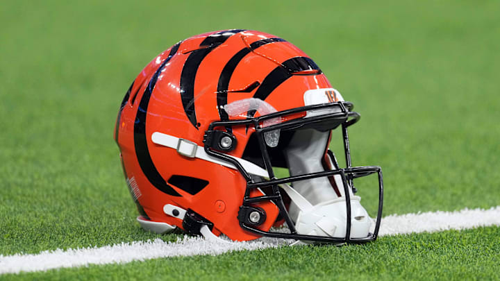 Nov 17, 2024; Inglewood, California, USA; A Cincinnati Bengals Riddell Speedflex helmet on the field at SoFi Stadium. Mandatory Credit: Kirby Lee-Imagn Images