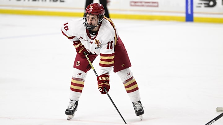 Feb 28, 2025; Chestnut Hill, MA, USA; Boston College forward James Hagens (10) waits for the puck to drop during the first period against the University of New Hampshire at Conte Forum. Mandatory Credit: Eric Canha-Imagn Images
