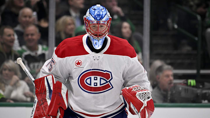 Jan 16, 2025; Dallas, Texas, USA; Montreal Canadiens goaltender Jakub Dobes (75) skates in the crease before facing the Dallas Stars during the second period at the American Airlines Center. Mandatory Credit: Jerome Miron-Imagn Images Jan 16, 2025; Dallas, Texas, USA; Montreal Canadiens goaltender Jakub Dobes (75) skates in the crease before facing the Dallas Stars during the second period at the American Airlines Center. Mandatory Credit: Jerome Miron-Imagn Images