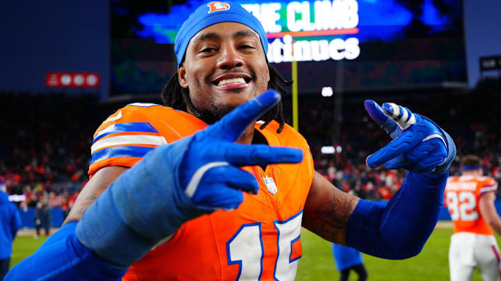 Jan 5, 2025; Denver, Colorado, USA; Denver Broncos linebacker Nik Bonitto (15) following the win against the Kansas City Chiefs at Empower Field at Mile High. Mandatory Credit: Ron Chenoy-Imagn Images Jan 5, 2025; Denver, Colorado, USA; Denver Broncos linebacker Nik Bonitto (15) following the win against the Kansas City Chiefs at Empower Field at Mile High. Mandatory Credit: Ron Chenoy-Imagn Images