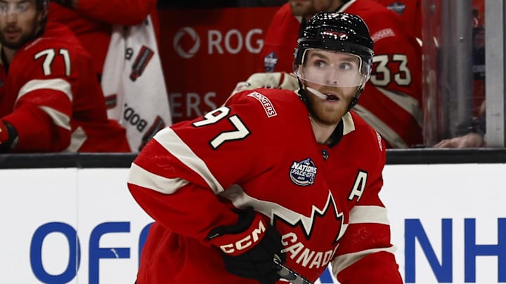 Feb 20, 2025; Boston, MA, USA; [Imagn Images direct customers only] Team Canada forward Connor McDavid (97) during the 4 Nations Face-Off ice hockey championship game against the United States at TD Garden. Mandatory Credit: Winslow Townson-Imagn Images