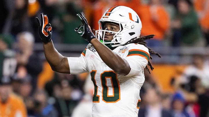 Jan 19, 2026; Miami Gardens, FL, USA; Miami Hurricanes wide receiver Malachi Toney (10) celebrates after scoring a touchdown against the Indiana Hoosiers during the College Football Playoff National Championship game at Hard Rock Stadium. Mandatory Credit: Mark J. Rebilas-Imagn Images