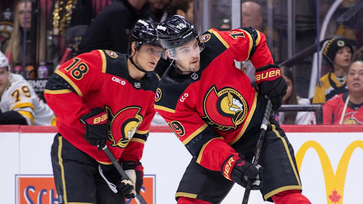 Oct 27, 2025; Ottawa, Ontario, CAN; Ottawa Senators center Tim Stutzle (18) and right wing Drake Batherson (19) follow the puck in the first period against the Boston Bruins at the Canadian Tire Centre. Mandatory Credit: Marc DesRosiers-IMAGN Images Oct 27, 2025; Ottawa, Ontario, CAN; Ottawa Senators center Tim Stutzle (18) and right wing Drake Batherson (19) follow the puck in the first period against the Boston Bruins at the Canadian Tire Centre. Mandatory Credit: Marc DesRosiers-IMAGN Images