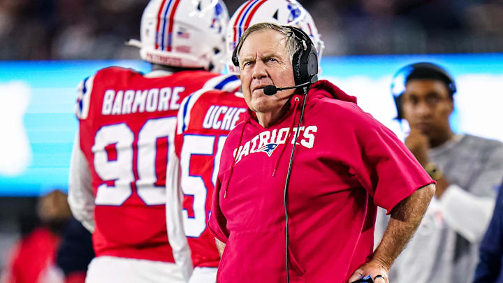Sep 17, 2023; Foxborough, Massachusetts, USA; New England Patriots head coach Bill Belichick watches