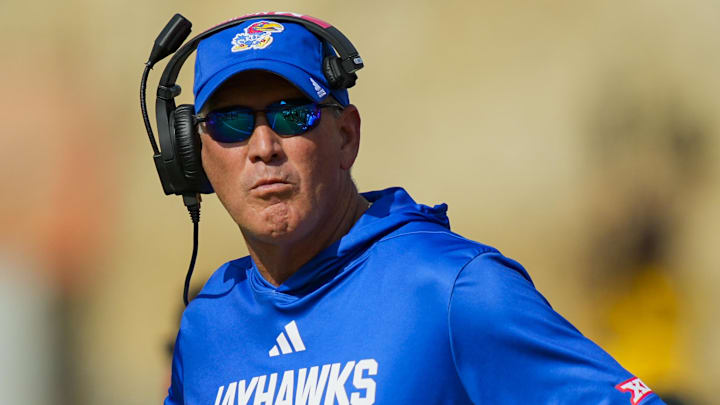 Sep 6, 2025; Columbia, Missouri, USA; Kansas Jayhawks head coach Lance Leipold reacts during the first half against the Missouri Tigers at Faurot Field at Memorial Stadium. Mandatory Credit: Jay Biggerstaff-Imagn Images Sep 6, 2025; Columbia, Missouri, USA; Kansas Jayhawks head coach Lance Leipold reacts during the first half against the Missouri Tigers at Faurot Field at Memorial Stadium. Mandatory Credit: Jay Biggerstaff-Imagn Images