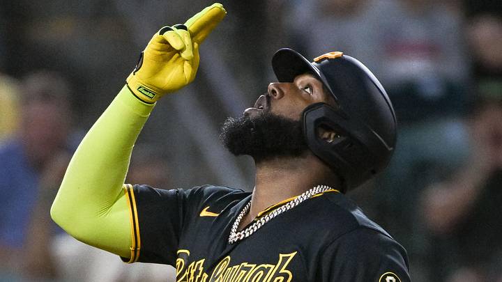 Jun 17, 2026; West Sacramento, California, USA; Pittsburgh Pirates designated hitter Marcell Ozuna (24) points to the sky after hitting a home run against the Athletics during the seventh inning at Sutter Health Park. Mandatory Credit: Ed Szczepanski-Imagn Images