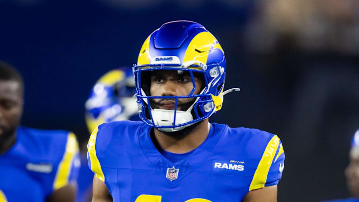 Jan 13, 2025; Glendale, AZ, USA; Los Angeles Rams linebacker Omar Speights (48) against the Minnesota Vikings during an NFC wild card game at State Farm Stadium. Mandatory Credit: Mark J. Rebilas-Imagn Images