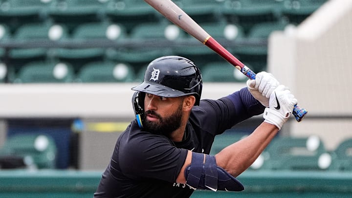 Detroit Tigers outfielder Riley Greene bats during spring training at Joker Marchant Stadium in Lakeland, Fla. on Thursday, Feb. 20, 2025.