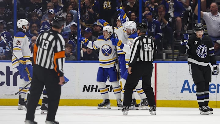 Feb 28, 2026; Tampa, Florida, USA; Buffalo Sabres forward Tage Thompson (72) celebrates a goal with defenseman Mattias Samuelsson (23), forward Peyton Krebs (19) and forward Alex Tuch (89) against the Tampa Bay Lightning during the first period at Benchmark International Arena. Mandatory Credit: Morgan Tencza-Imagn Images 