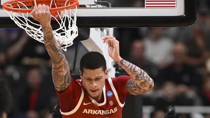Mar 26, 2026; San Jose, CA, USA; Arkansas Razorbacks forward Trevon Brazile (7) dunks the ball against the Arizona Wildcats in the first half during a Sweet Sixteen game of the West Regional of the men's 2026 NCAA Tournament at SAP Center. Mandatory Credit: Eakin Howard-Imagn Images Mar 26, 2026; San Jose, CA, USA; Arkansas Razorbacks forward Trevon Brazile (7) dunks the ball against the Arizona Wildcats in the first half during a Sweet Sixteen game of the West Regional of the men's 2026 NCAA Tournament at SAP Center. Mandatory Credit: Eakin Howard-Imagn Images